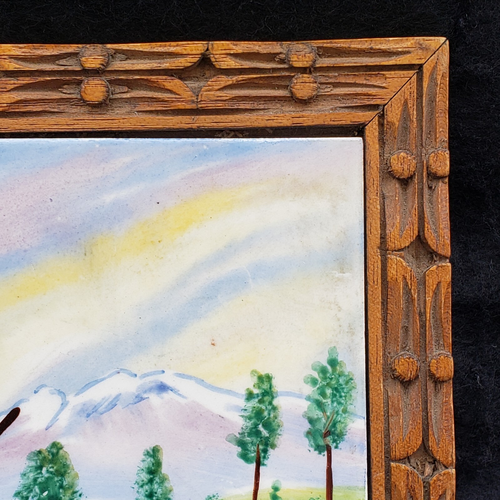 Mexico Scene Ceramic Tile Wood Frame Hand Painted Signed as Mexico 7⅜” Vintage