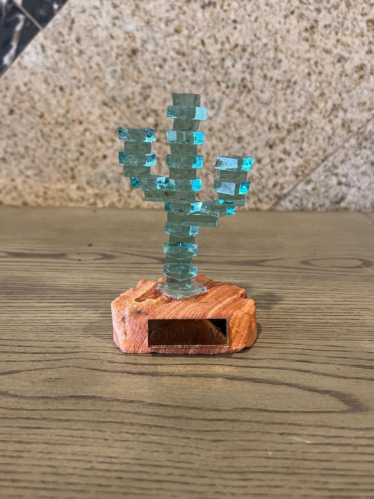 Vintage Sedona, AZ Glass Saguaro Cactus Figurine on Red Rock Sandstone Base 5″