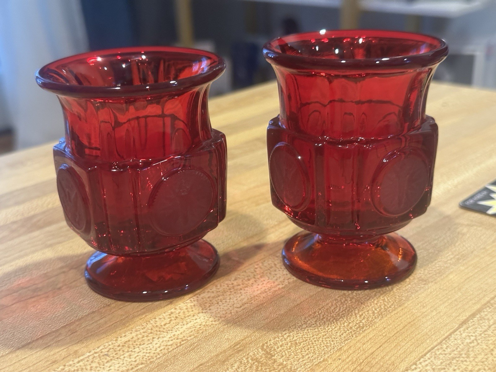 (2) Fostoria Ruby Coin 3 3/8″ Footed Cigarette Urn