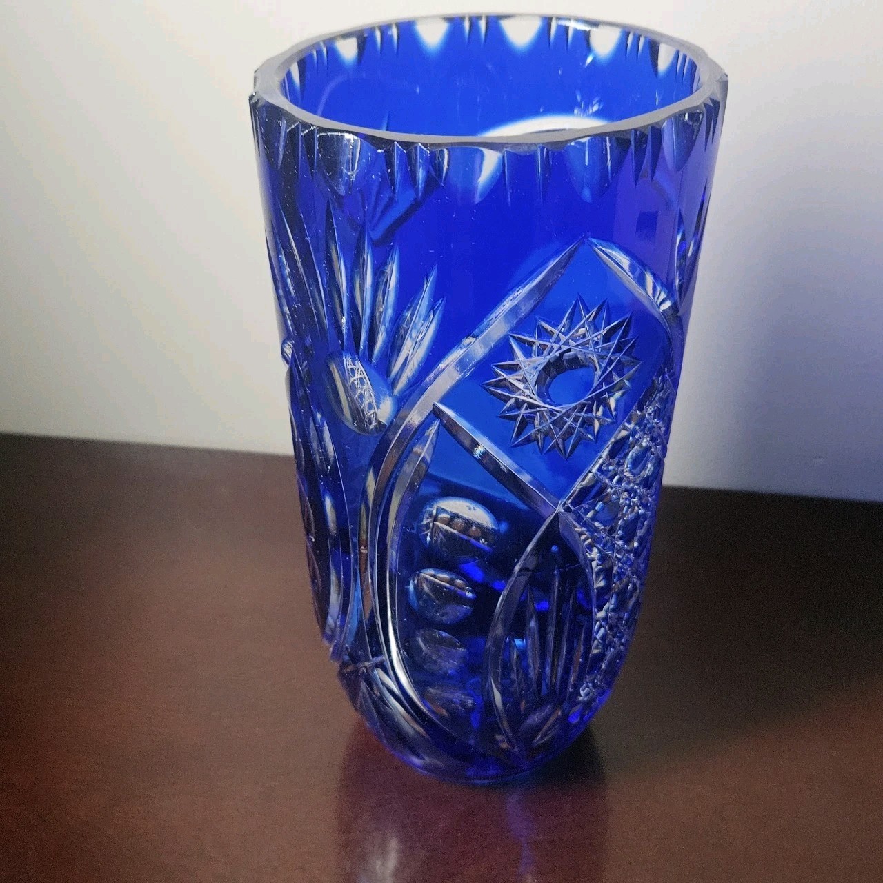 Cobalt Blue Cut To Clear Glass Vase Pope John Paul Bohemian Style 9.75″