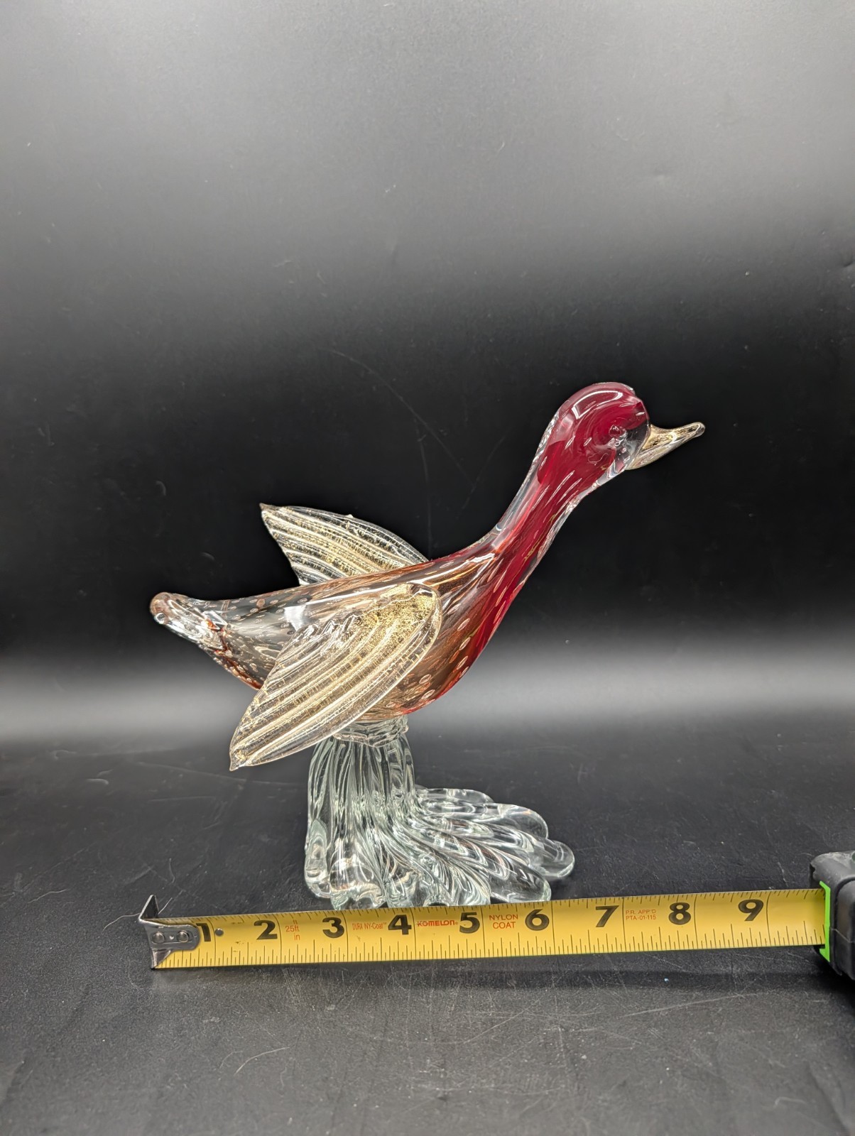 Vintage MCM AVEM Murano Art Glass Bullicante Red flying duck gold Flag Figurine