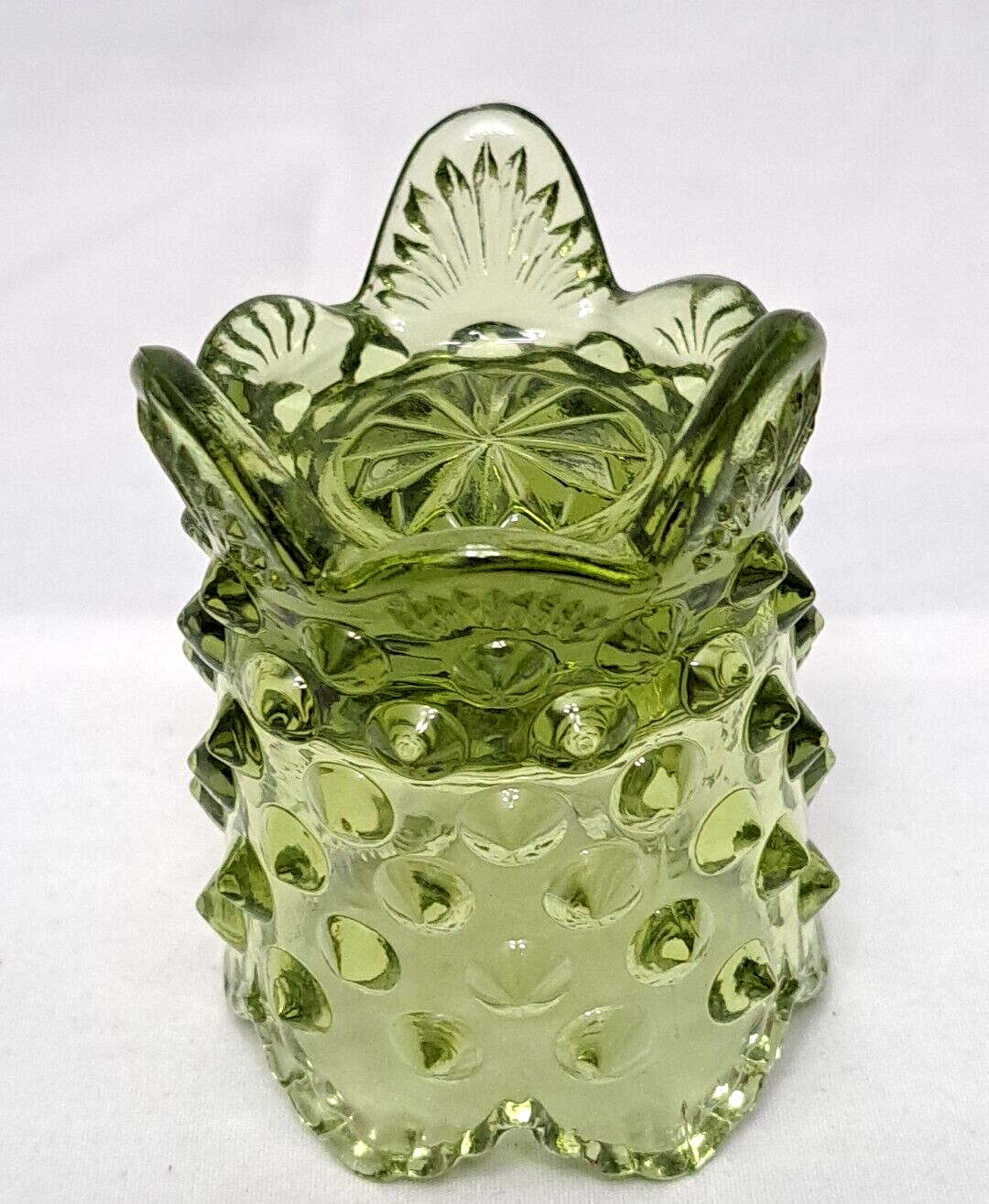 Vintage Fenton Colonial Green Hobnail Side Spikes 3 Footed Toothpick Holder Nice