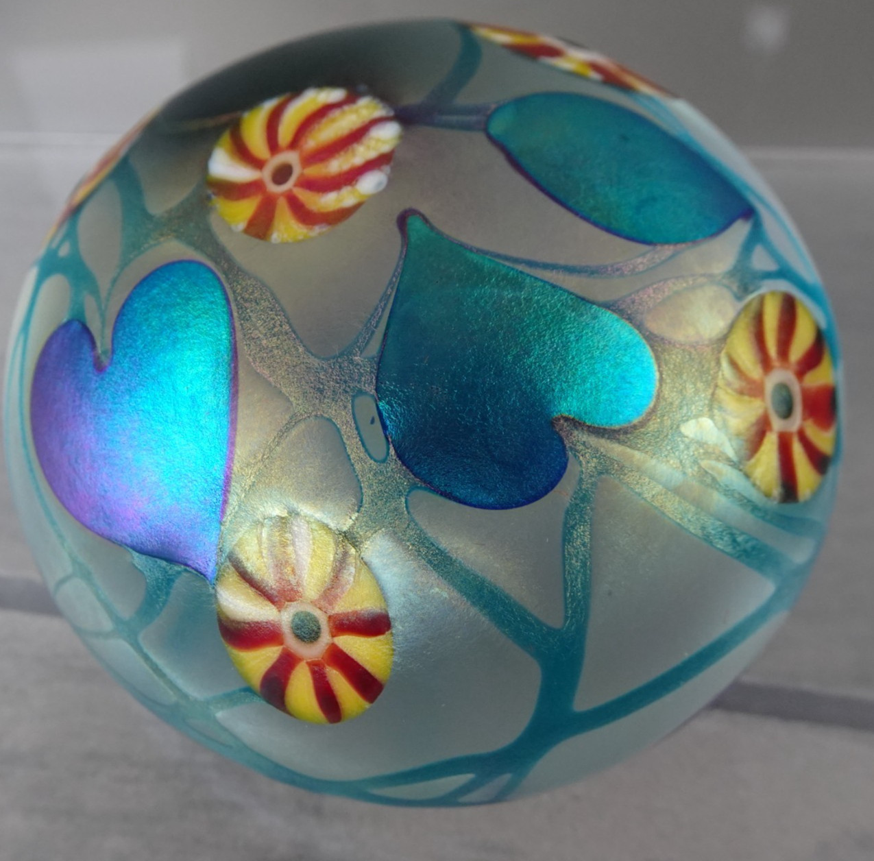 Signed David Lotton 1977 Blue Aurene Heart & Vine Iridescent Paperweight