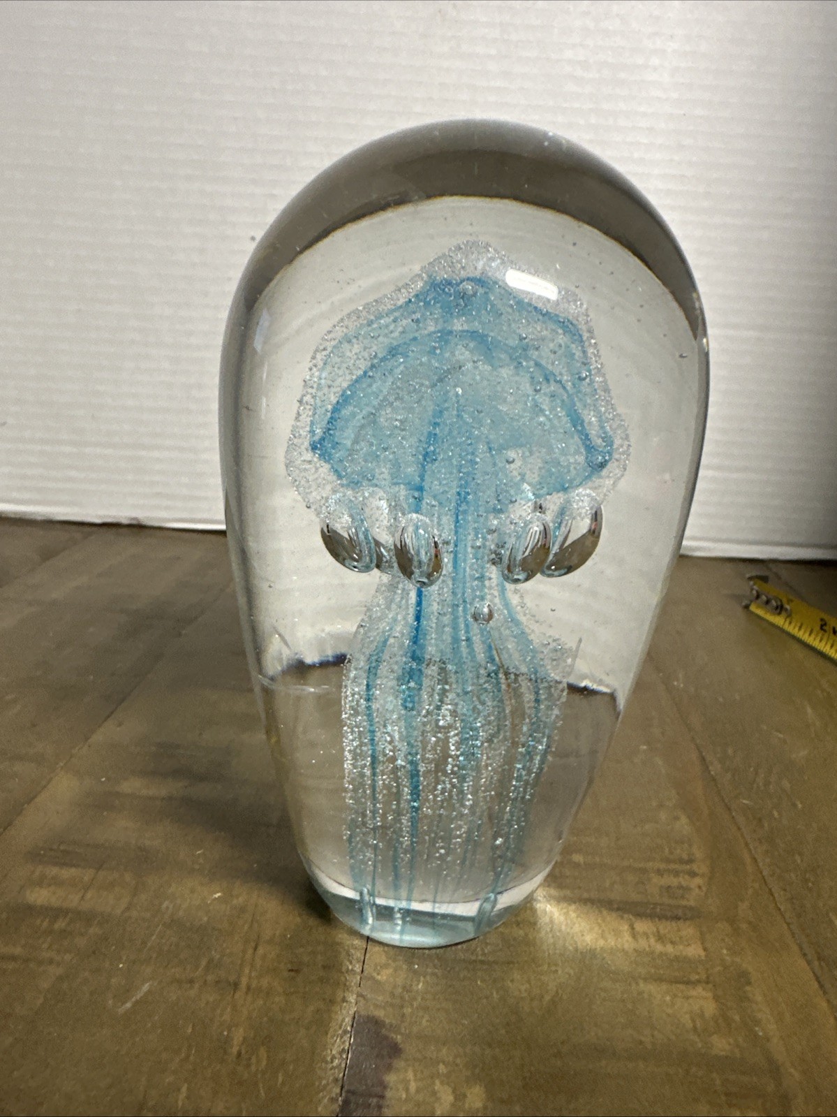 Vintage Art Glass Clear Paperweight Light Blue Jellyfish Bubbles 6” Figurine