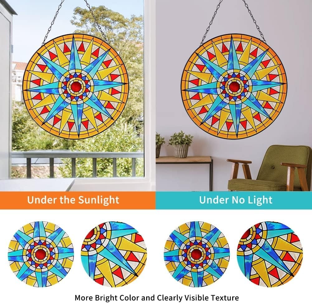 12″ x 12″ Vintage Style Round Sun Stained Glass Window Hanging Suncatcher Panel.