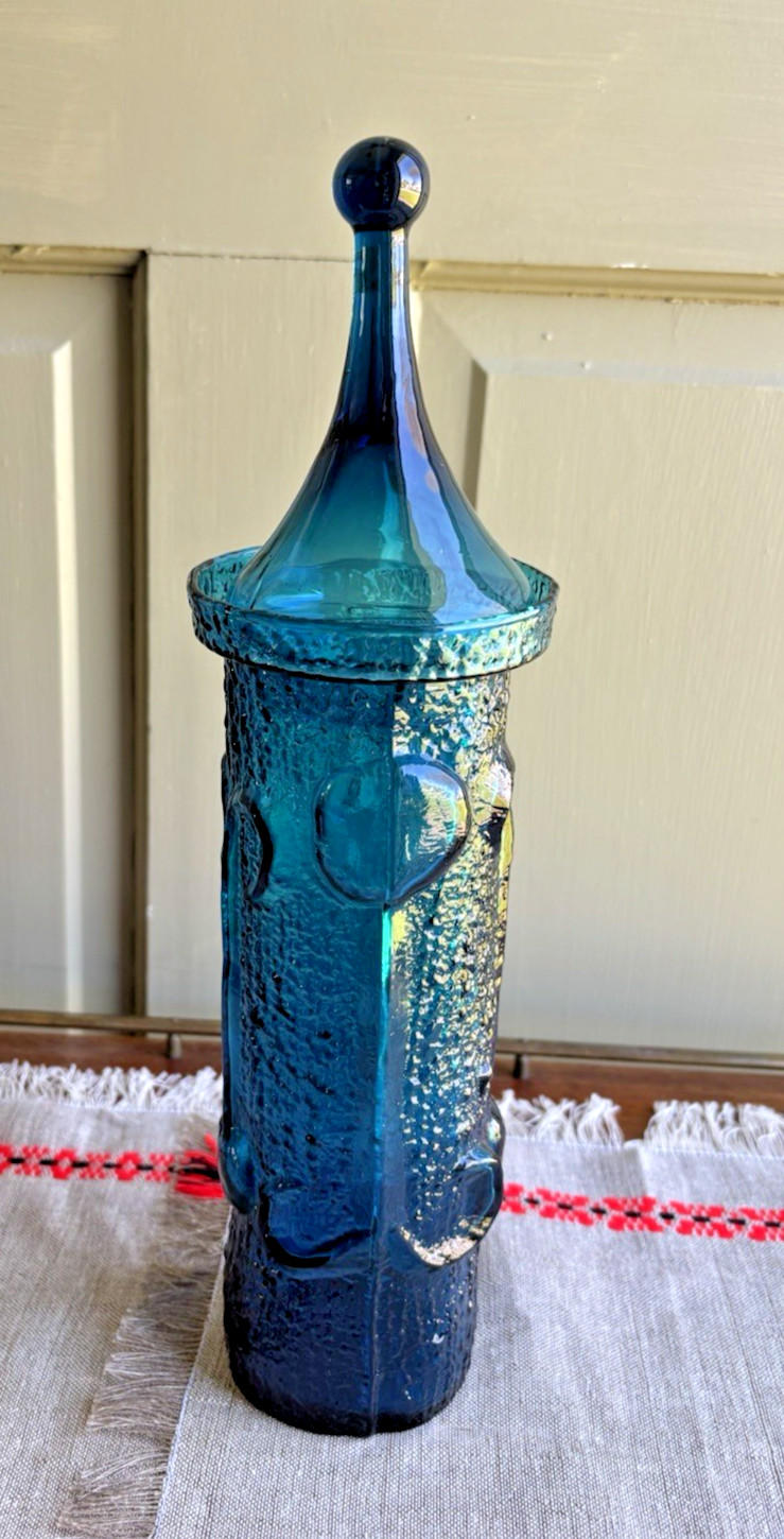 Vintage MCM Wayne Husted Blue Glass 14” Lidded Apothecary Jar Peacock Design