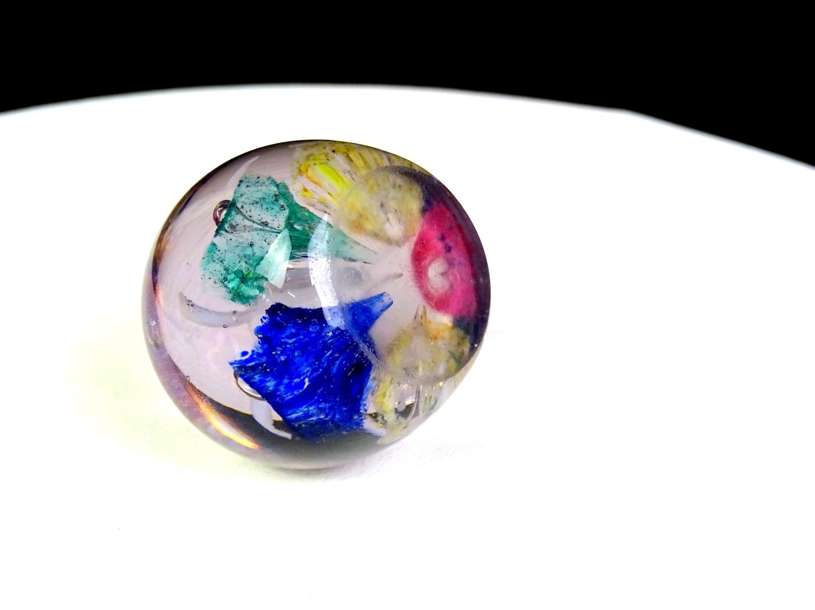 Studio Art Glass Multi Color Flowers Controlled Bubble 2 1/8″ Paperweight 1960s