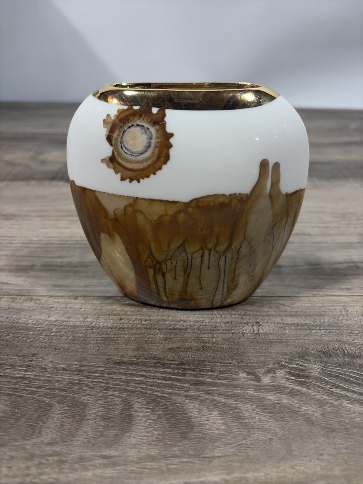 Modern Art Pottery S/2 Ceramic Vase White Brown Gold Watercolor Effect Glaze