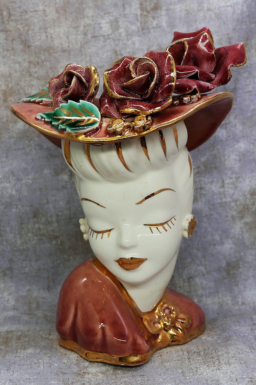Vintage Unbranded Head Vase Dusty Rose and Gold Accents 7.5″ Tall