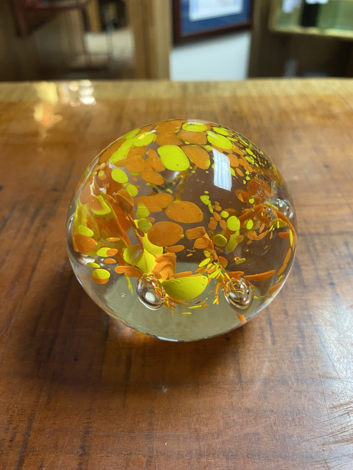Vintage Orange And Yellow Confetti Art Glass Paperweight