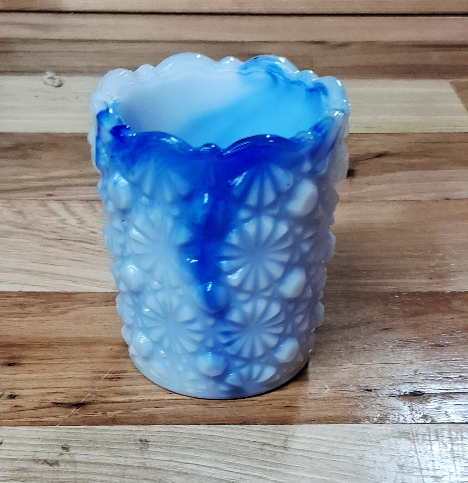 Vintage Small White And Blue Daisy And Button Slag Glass Toothpick Holder