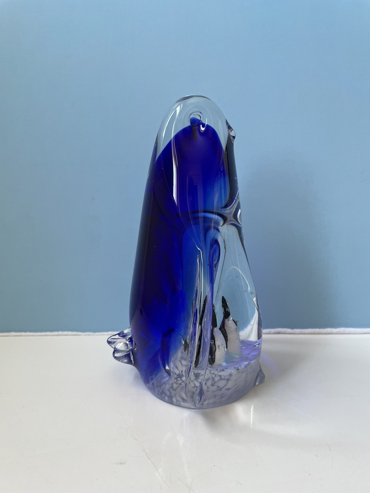 Vintage Paperweight Penguin Blown Glass Blue and Clear Glass 5-1/2″ Tall c.1990s
