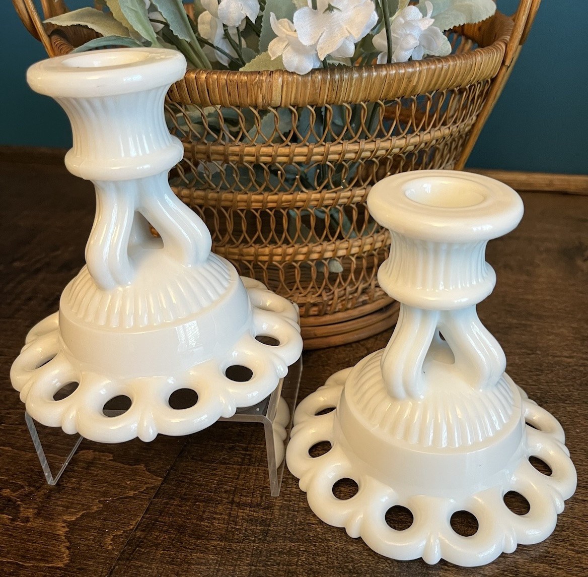 Vintage Westmoreland Doric Milk Glass Lace Edge Candle Stick Holders ~ EC