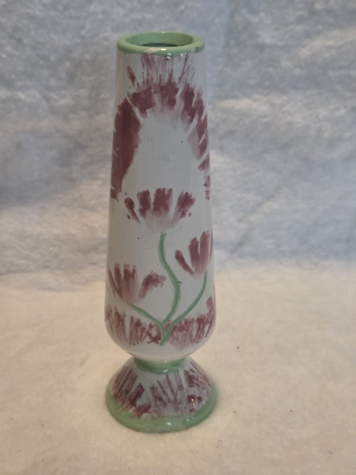 Handmade Hand Painted Ceramic Floral Bud Vase Glossy White Green Purple