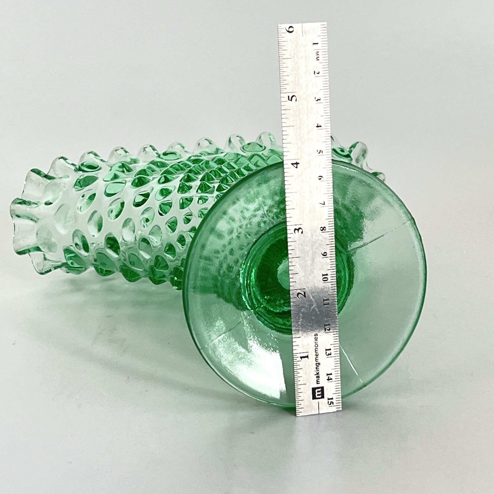 Vintage Fenton Hobnail Green Ruffled 8” Fan Vase MCM Pedestal Base ￼