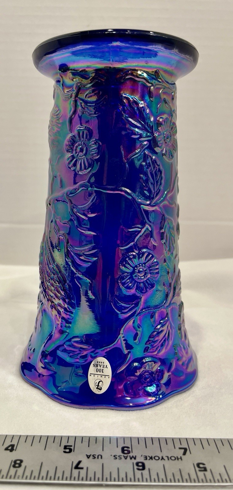 Vintage Fenton Cobalt Carnival Blue Peacock Vase 2005 Flared 100 Anniversary