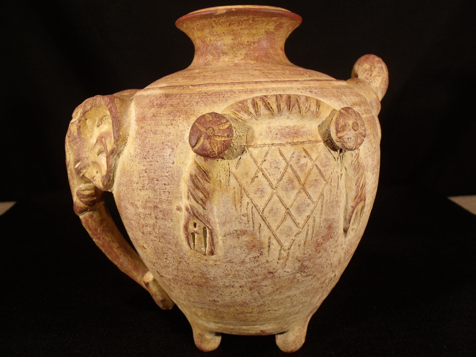 Rustic Elephant Relief Terracotta Pottery Vase Jar Footed
