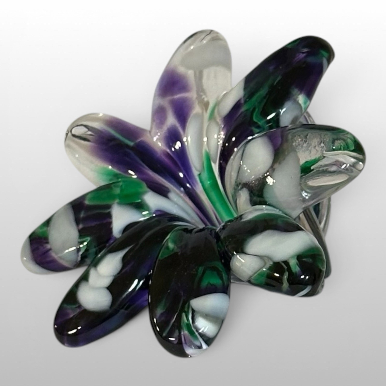 Hand Blown Art Glass Eight Petal Flower Figurine Curly Stem Purple Green White
