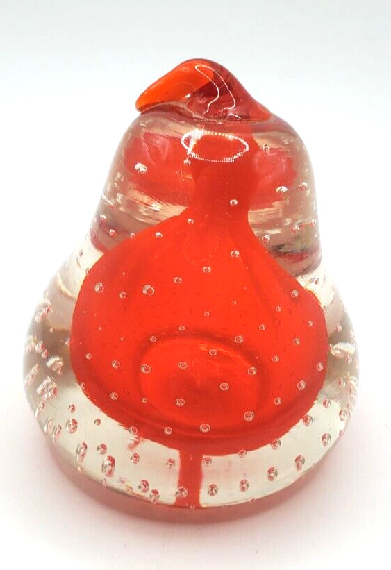 Pear Bullicante Glass Paperweight Hand Blown Red Summerso Clear Pear Shape