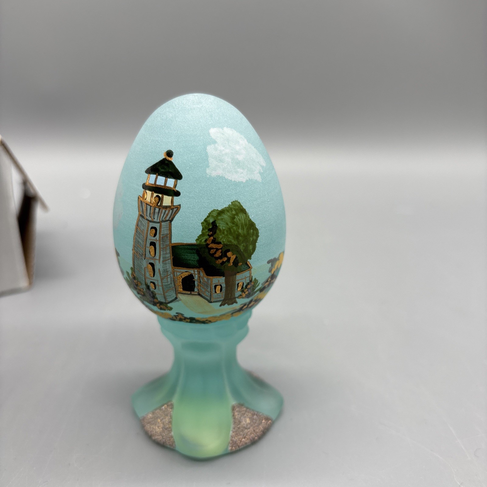 FENTON ART GLASS 1999 LIGHTHOUSE ON AQUAMARINE SATIN PEDESTAL EGG LE #598/3000