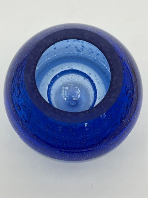Heavy Glass Vase/Bowl Hand Blown Cobalt Blue and Clear W/Bubble Made In Poland
