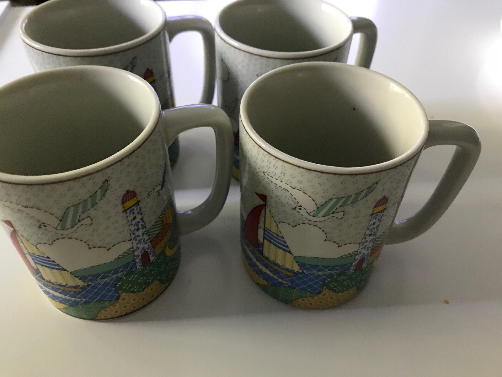 Vintage Otagiri Cups 4 Pc Set Patchwork Ocean Shore A25