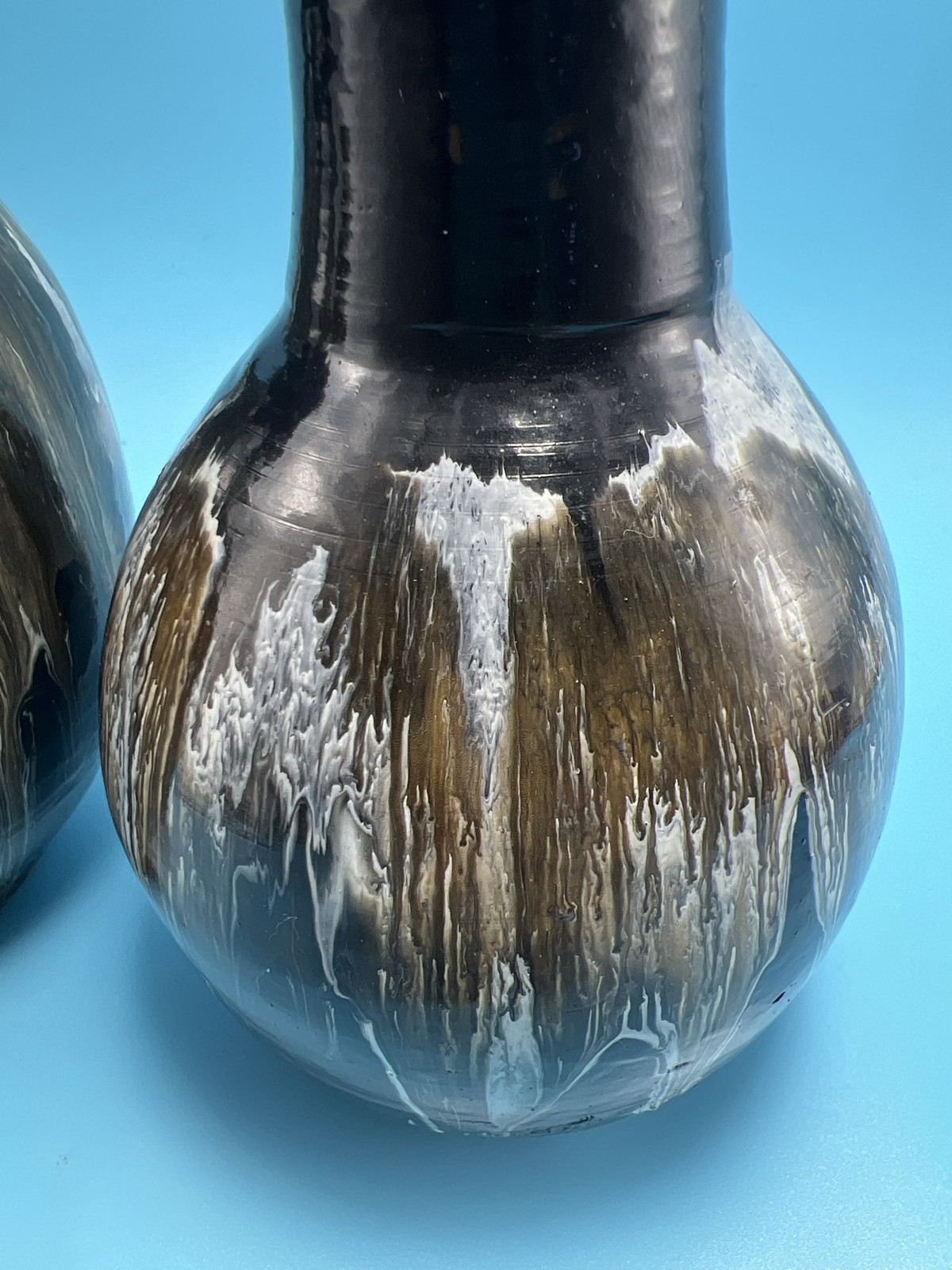 Set 2 Vintage Art Glass Black, Bronze, White Gold Swirl Vase Mid Century Modern