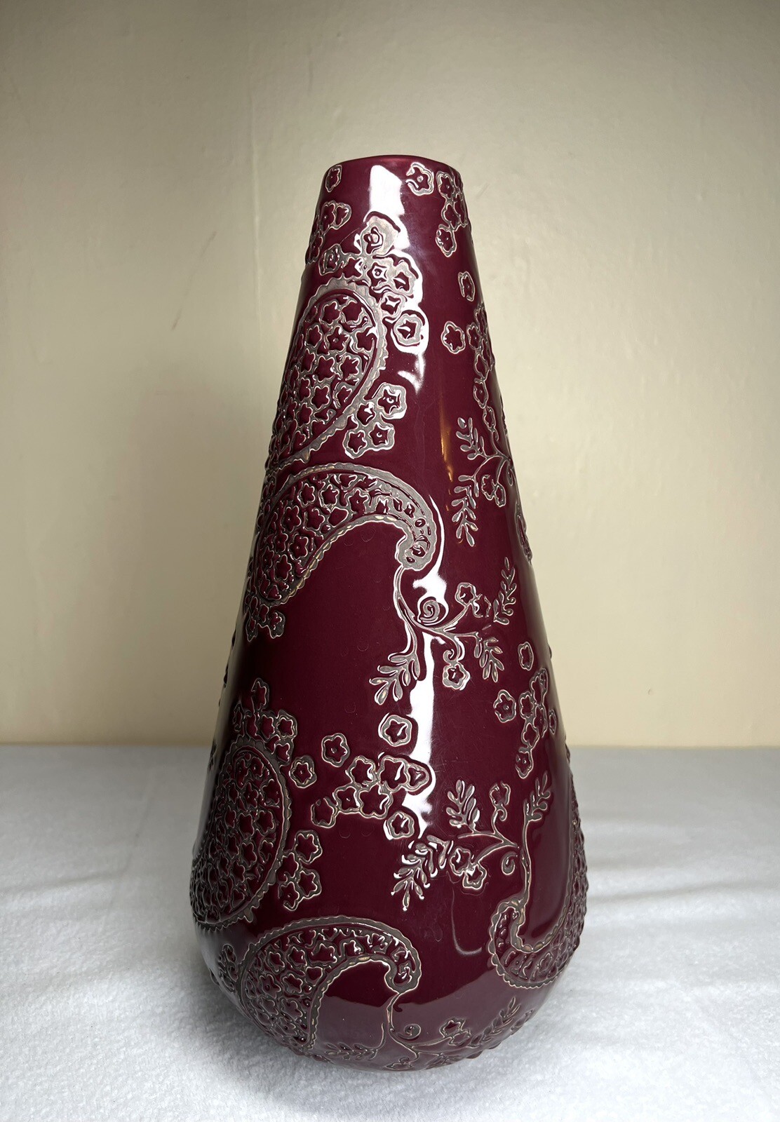 Large Ceramic Art Vase Maroon Etched Floral Pear Shaped 13.75” Eclectic Boho