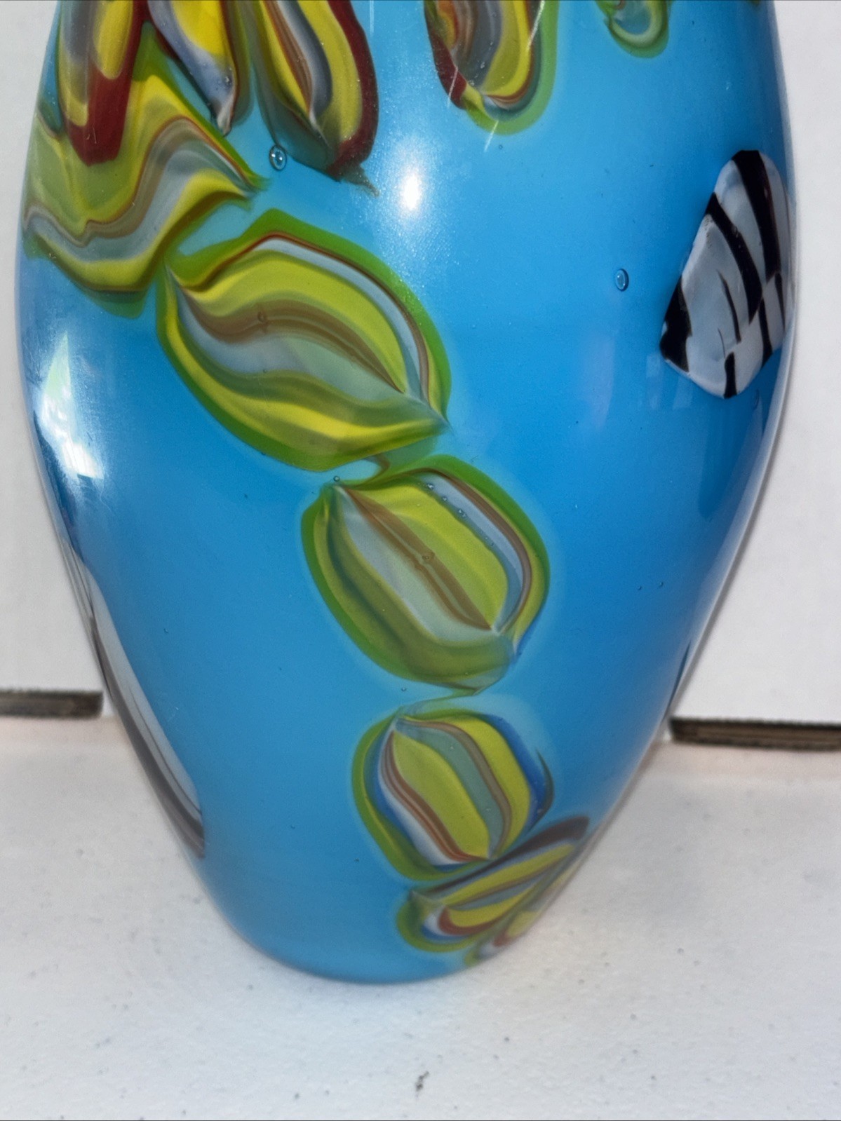 Lovely Murano Style Hand Blown Art Glass Oval Vase Blue Green Abstract 10 3/4”