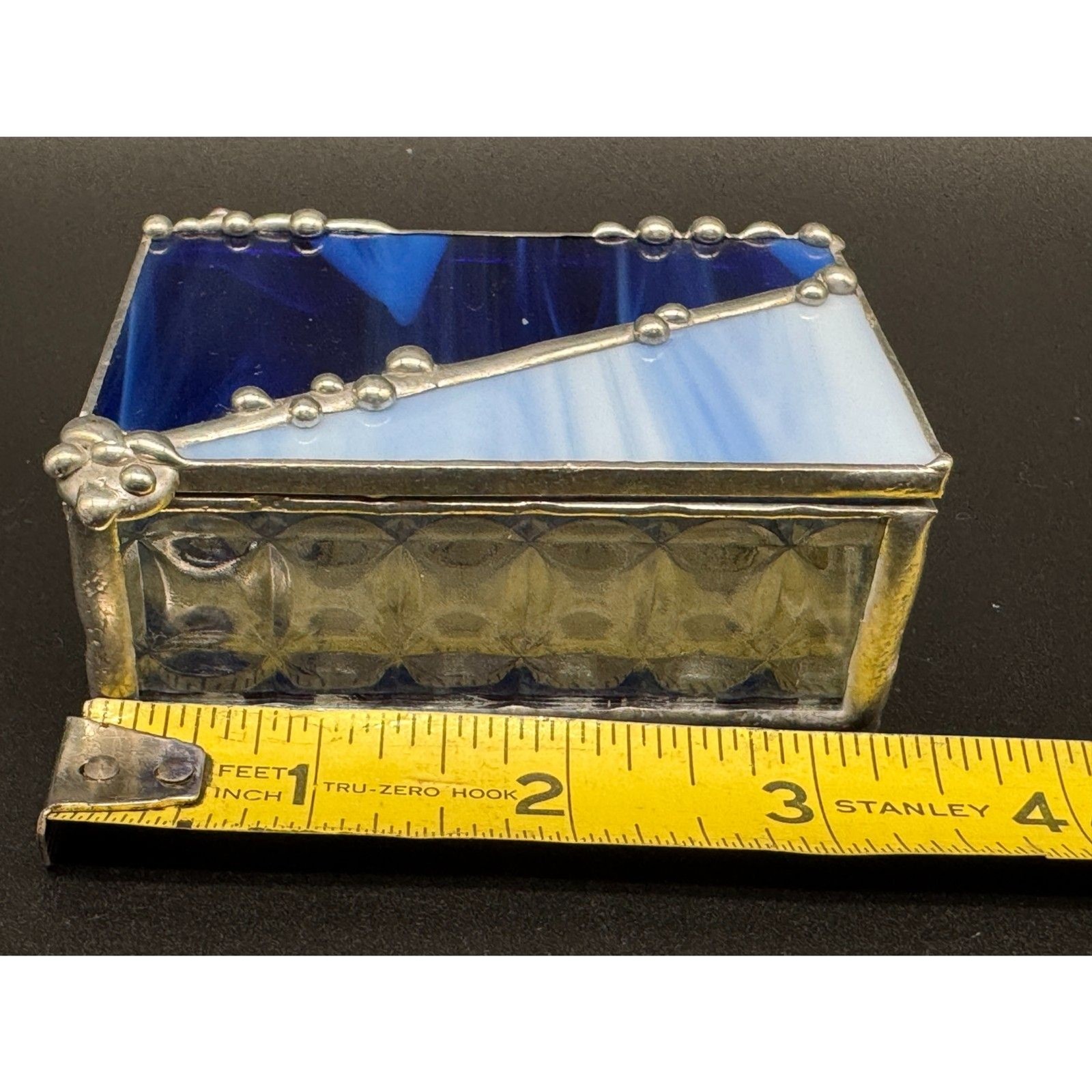 Art Glass Leaded Hinged Box Cobalt and Light Blues. 3″x 2″