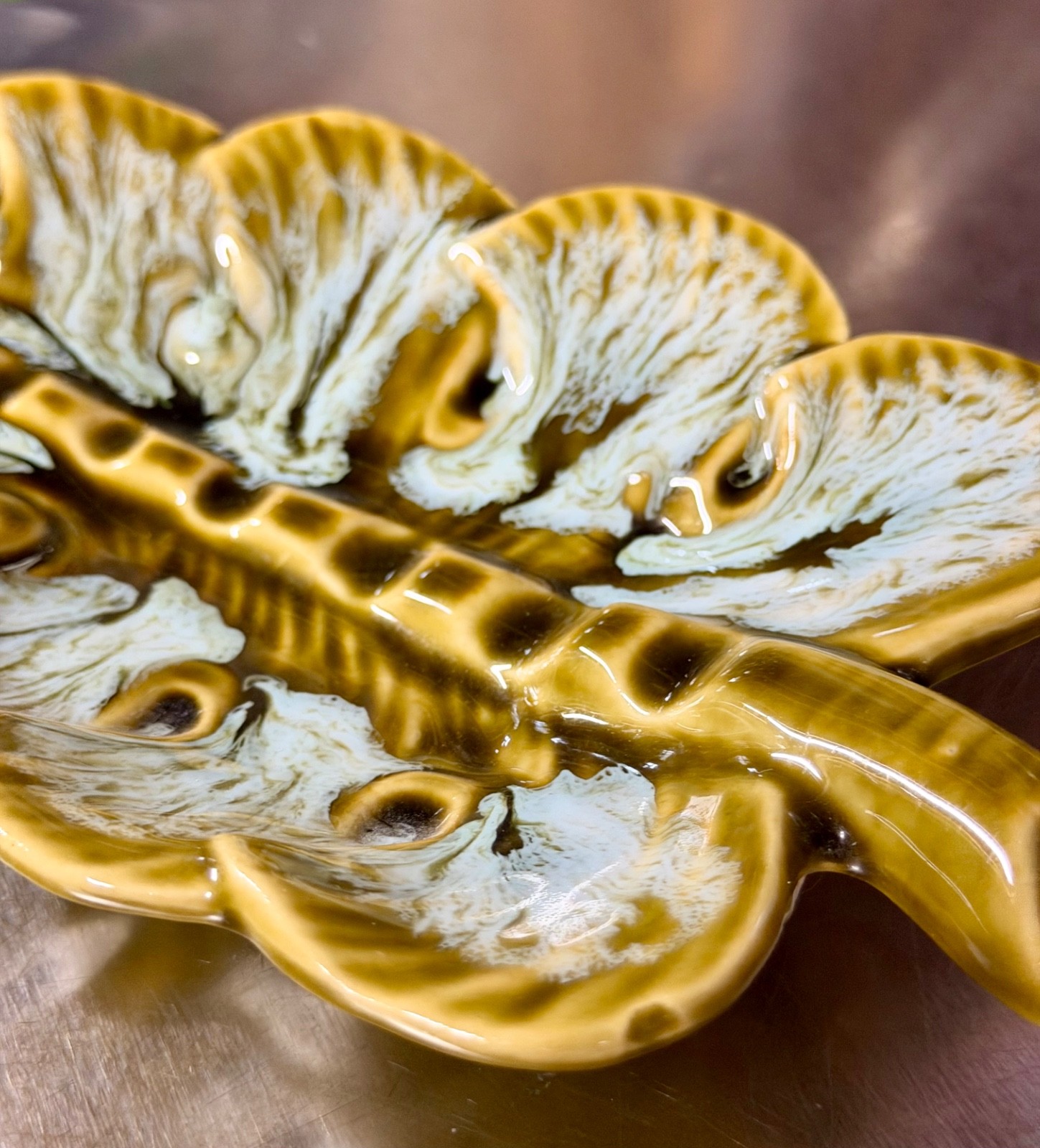 EUC MCM VTG USA Pottery Ceramic Leaf Ashtray Olive Mustard Teal Drip Glaze 1970s