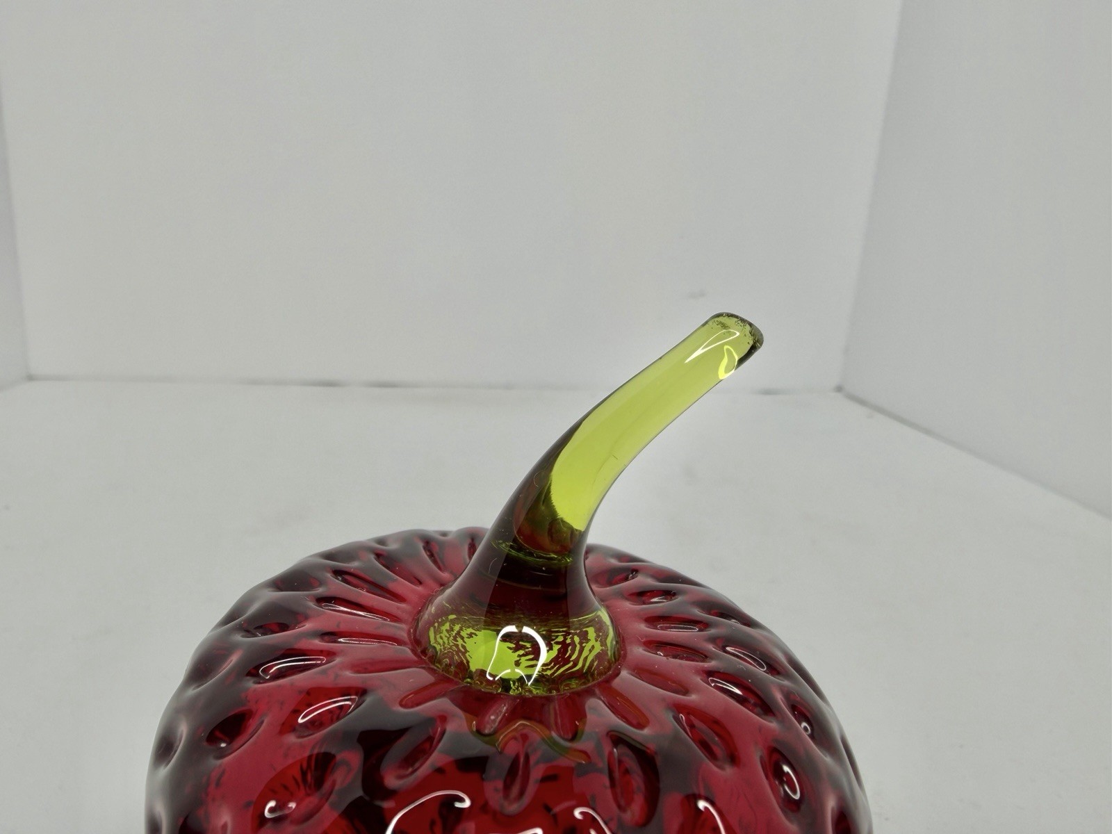 Vintage MCM Rainbow Glass Ruby Strawberry Fruit W/green Stem And Label