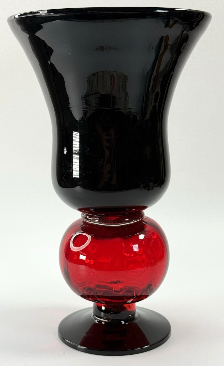Heavy Pretty Black with Red Handblown Vase 10 1/2″ Tall