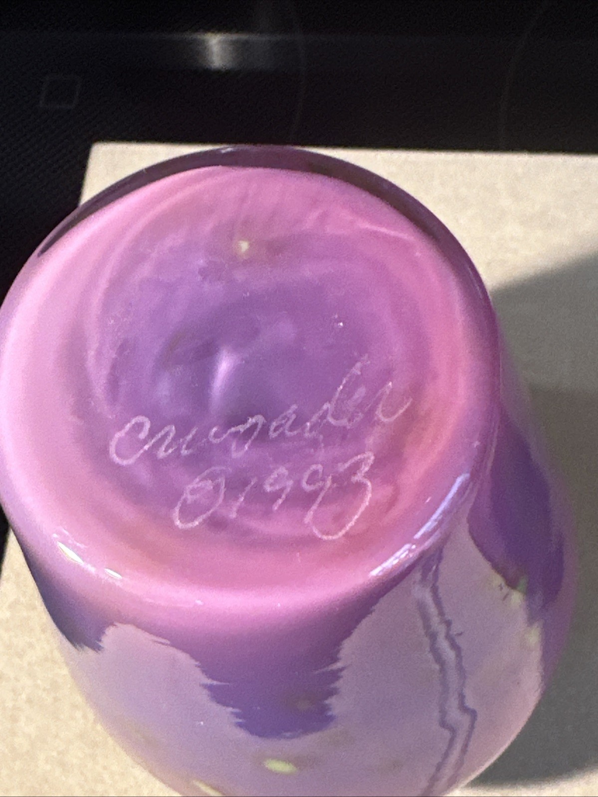 Signed Lavender Art Glass Perfume Bottle & Vase Dresser Set w/Green/Blue Accents