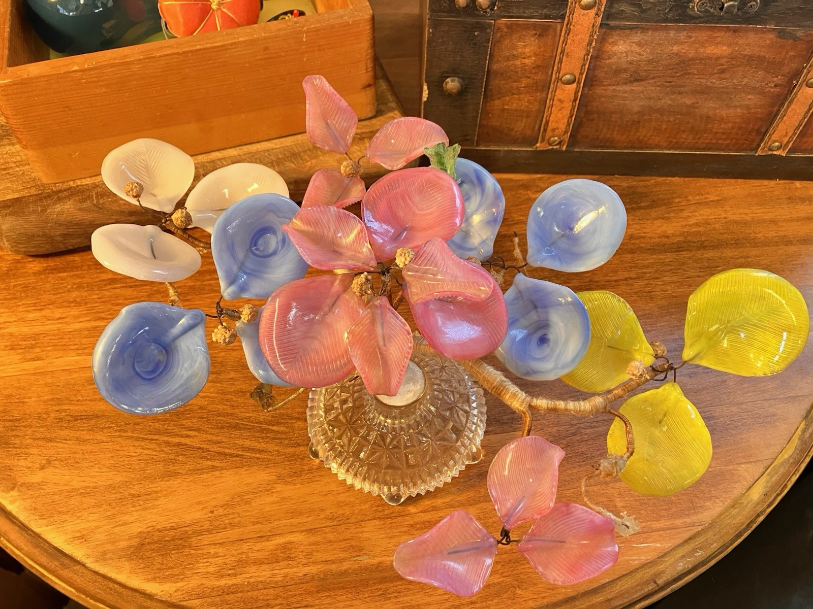 Lot 2 VTG Hand Blown Art Glass Slag Flowers Italian Venetian Murano Bouquet Wire