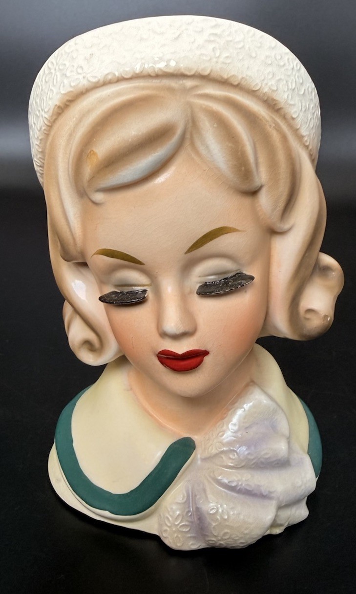 Vintage Jackie O Pillbox Hat Head Vase Trimont Lady Head Vase 6”