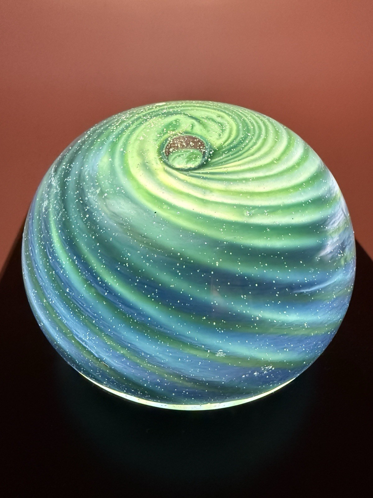 Island Studio Glass Guernsey Blue Green Swirl Art Glass Paperweight w/ Sticker