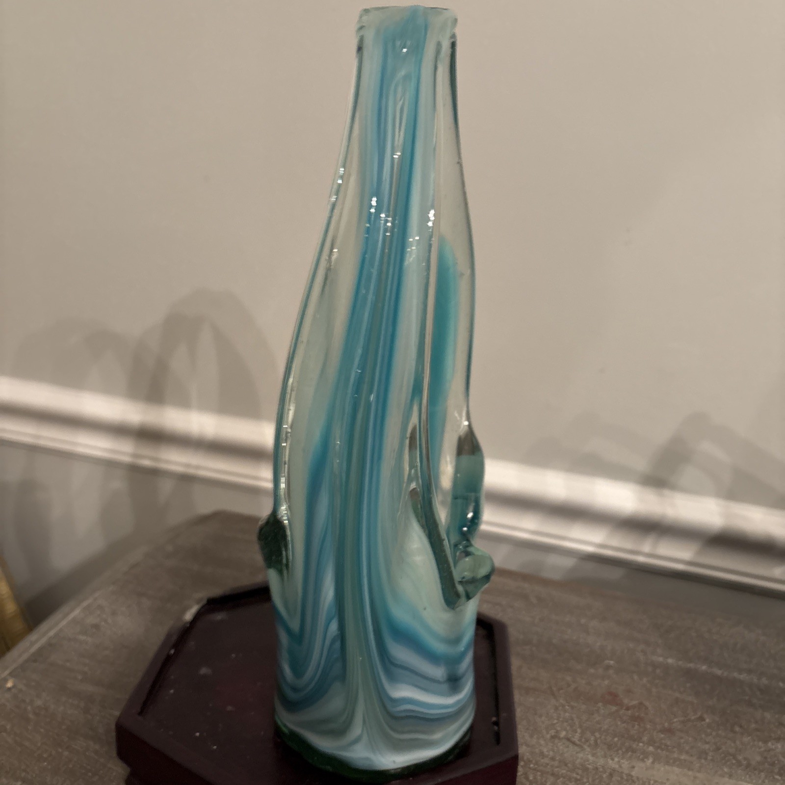 Vintage MCM Green Swirl Art Glass Murano Style Stretch Basket Vase 11.5”