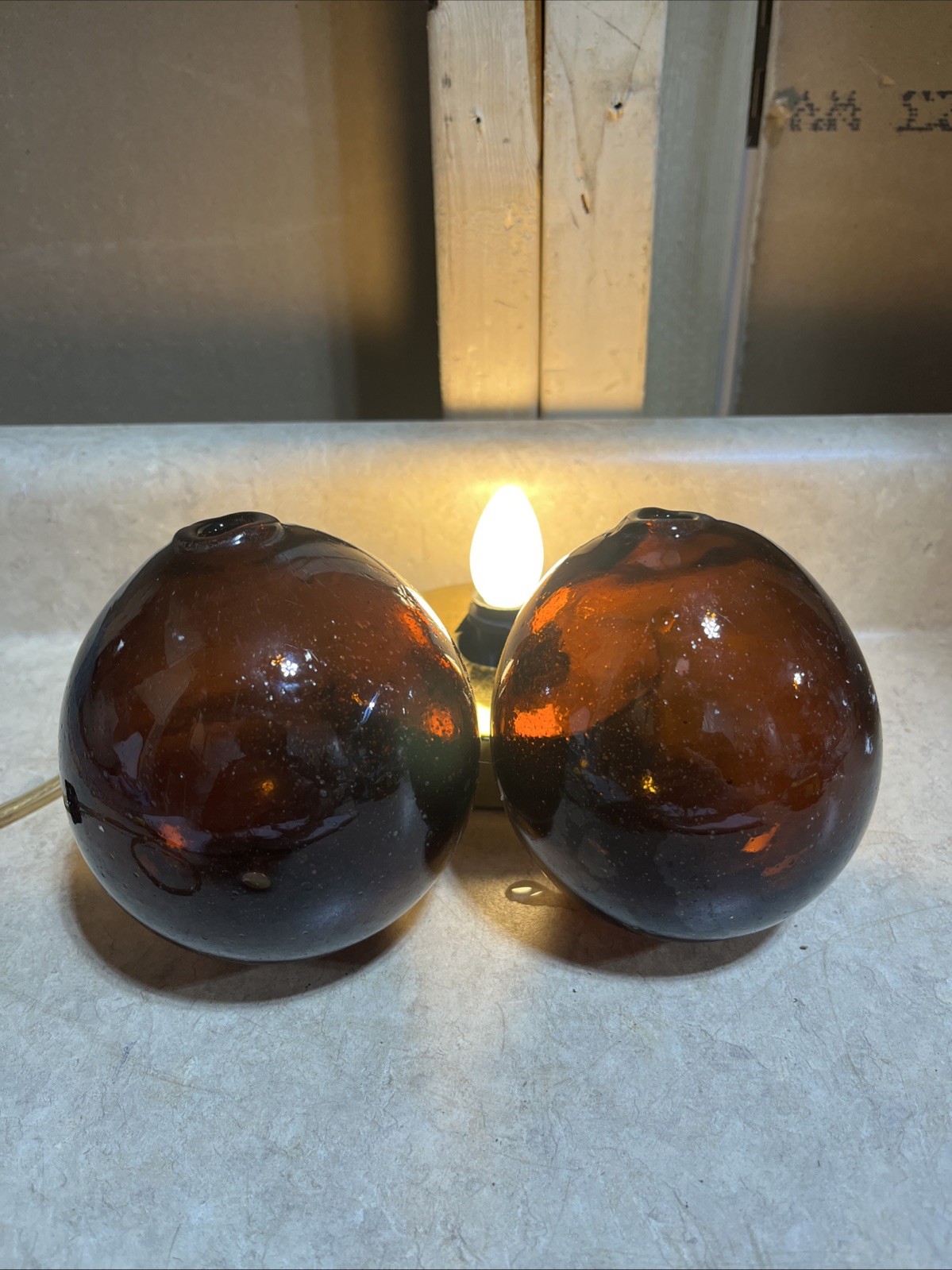 Vtg Antique Pair 4” Hand Blown Amber Dark Brown Glass Float Fishing Buoy Ball