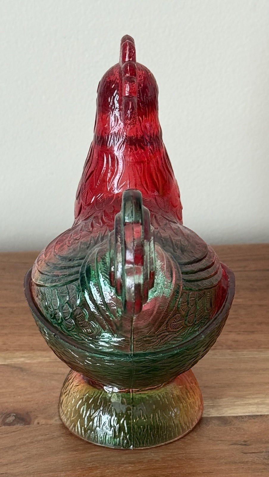 VINTAGE Tri Color RED,YELLOW & GREEN Rooster Trinket box 6.75″ tall HARD TO FIND