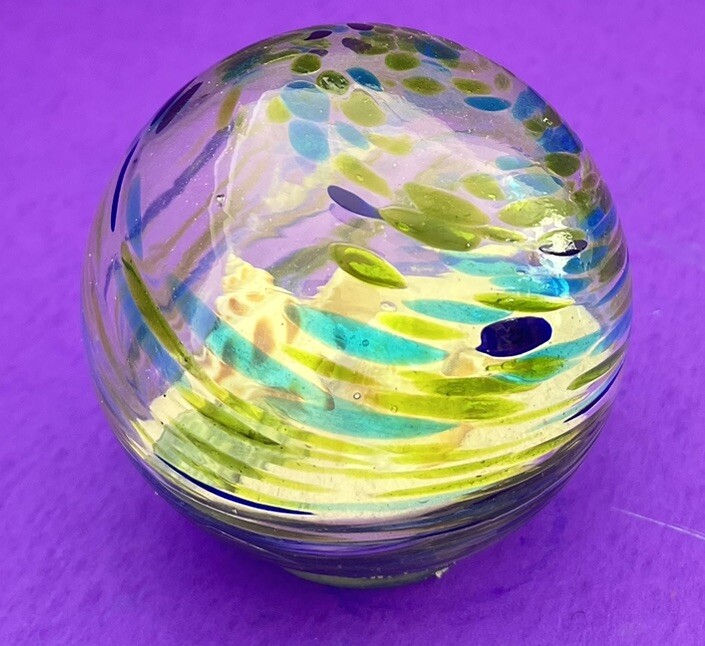 Hand Blown Art Glass Ball Paperweight w/Sand and Shells 4”Wide SALE!
