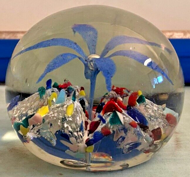 Clear Glass Blue Flower Paperweight
