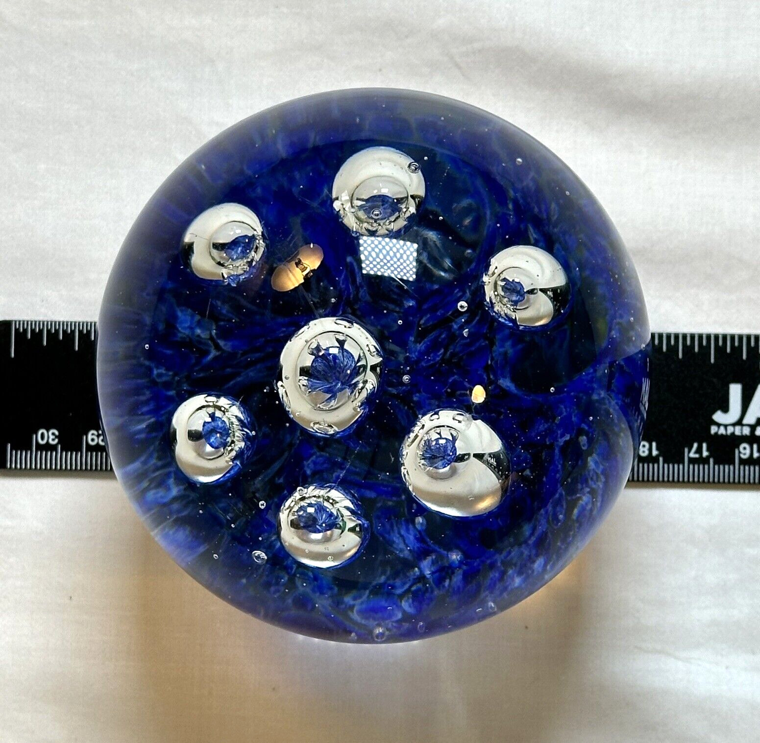Studio Art Glass Paperweight Clear and Blue Swirl Controlled Bubbles Heavy READ