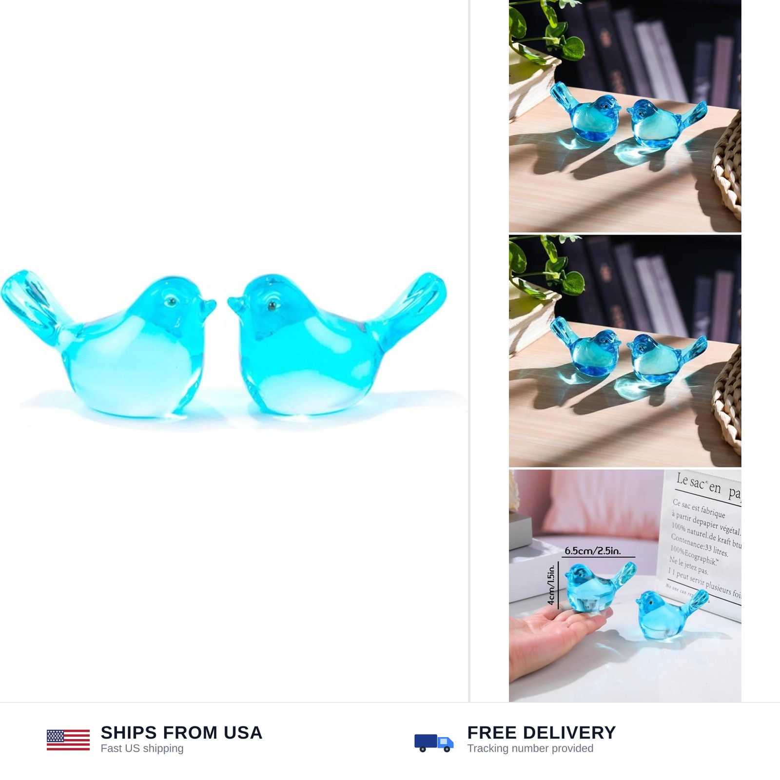 Qianwei 2pcs Blue Glass Birds Figurine Handmade Blown Crystal Home Decor | Cr…