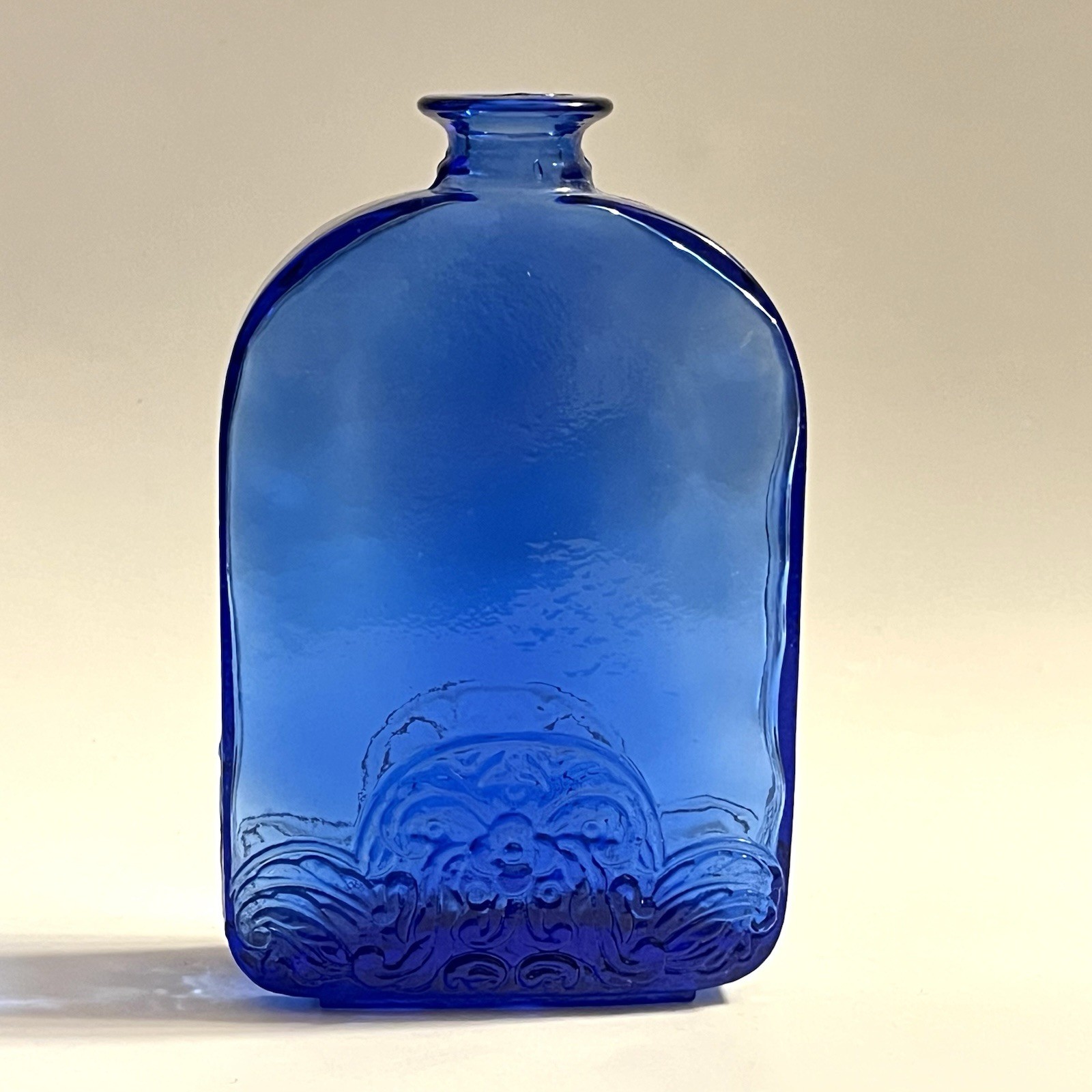 Vidrios de Levante Floral Embossed Cobalt Blue Recycled Glass Bottle SPAIN 5.5”H