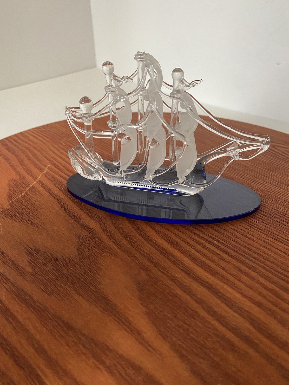 Vintage Hand Spun Glass Figurine Sailboat Pirate Ship Blue Base New