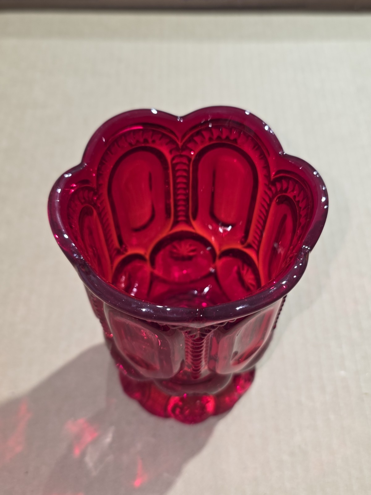 L E Smith Moon and Stars Red Vase 5.25″ T by 3.75″ W