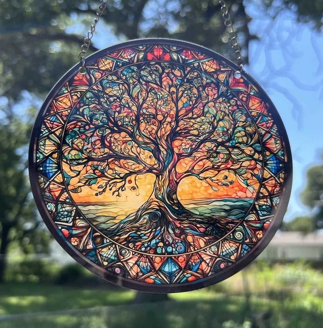 Round Tree of Life Stained Glass Style Multicolor Glass Hanging Suncatcher Chain
