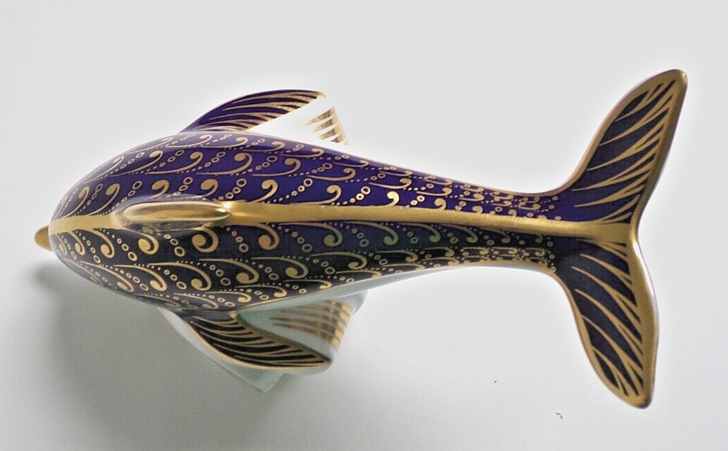Royal Crown Derby Cobalt Imari Dolphin Porcelain Paperweight 1987 Marked 3.5”