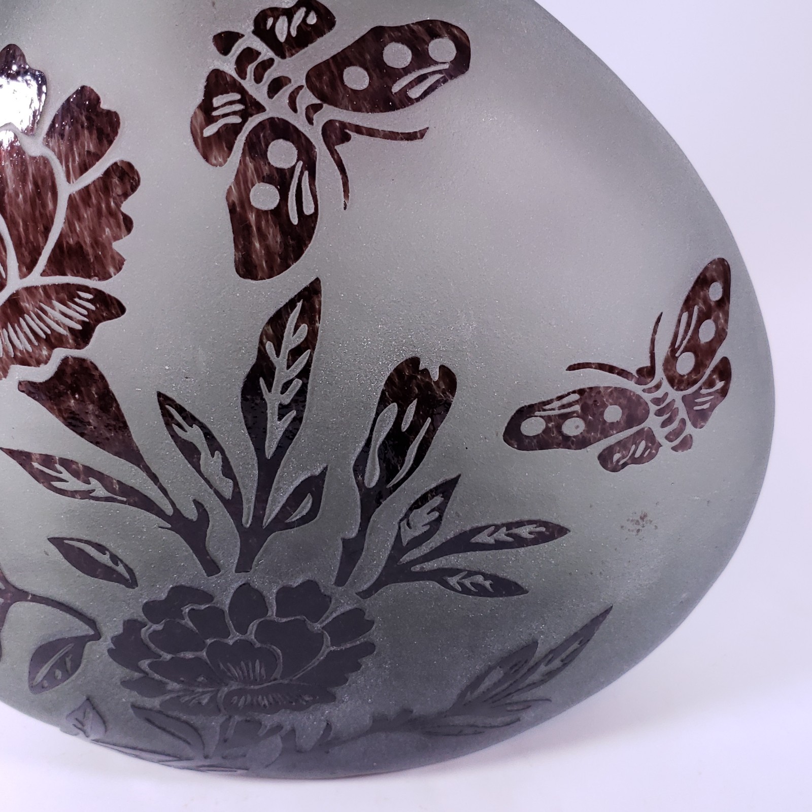 CAMEO Acid Etched Amethyst Purple Floral Butterfly Frosted GLASS VASE